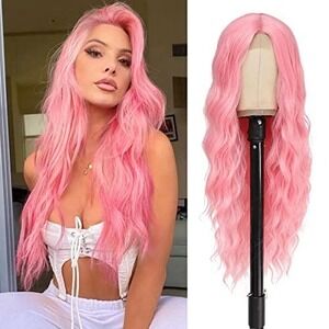 Long‎ Wavy Pink Wig Synthetic Heat Resistant Fiber Cosplay Daily Wear Hairpiece